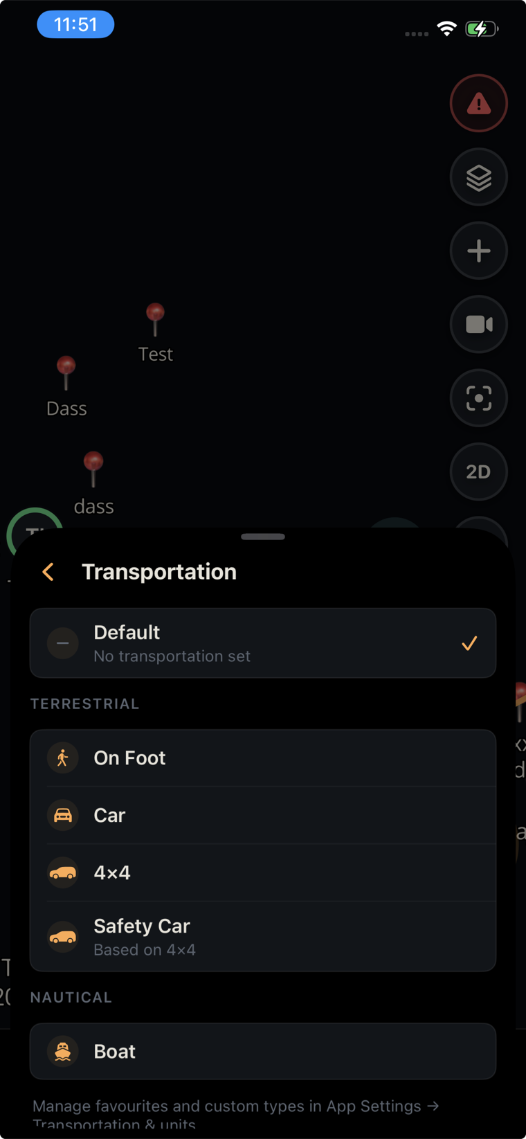 Selector de transporte agrupado en modos terrestres y náuticos