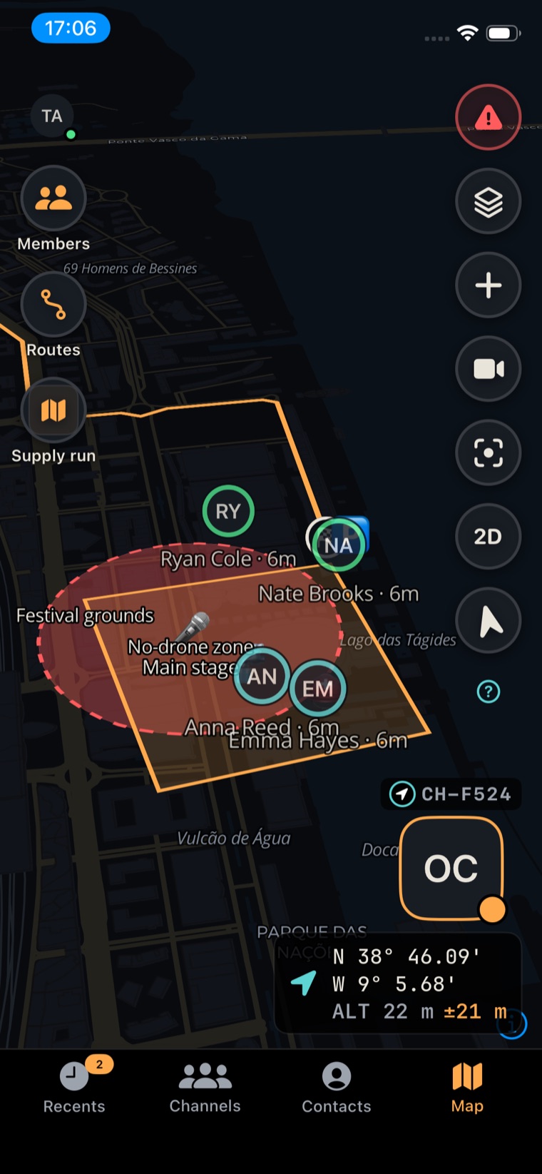 3D map with teammates' live positions, a no-drone zone, an event area and route shortcuts