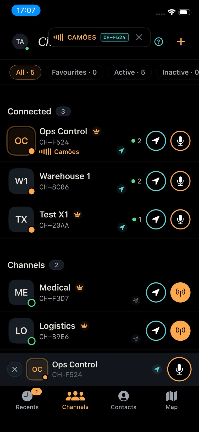 Lista de canales con tres canales conectados a la vez
